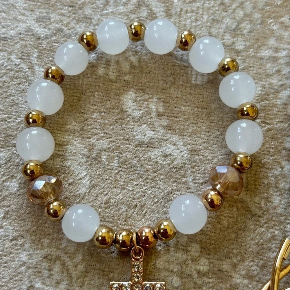 A New Day 3-Pack Gold Tone Hoop Earrings White Beaded Stretch Bracelet w/ Cross - Picture 6 of 11